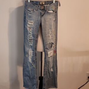 Vintage Department of Peace  Low Rise Y2K distressed beaded patchwork   00s